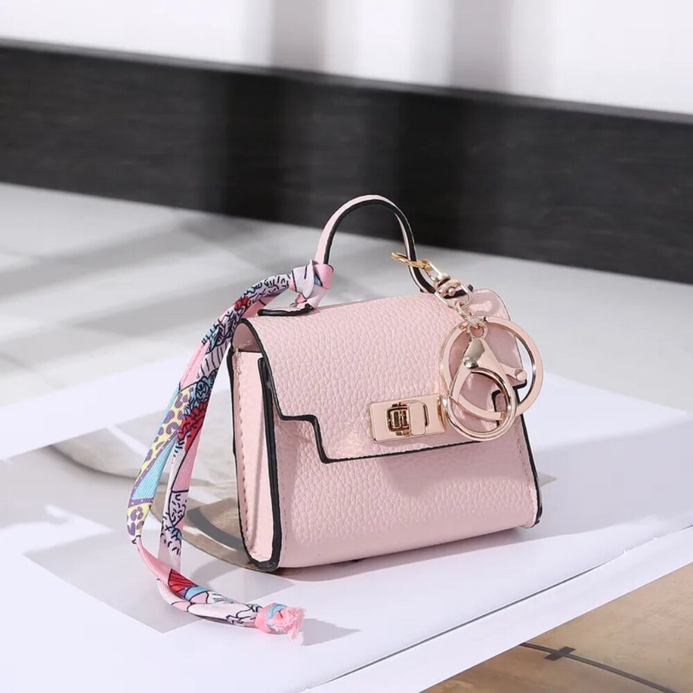 Key Ring - Cute Pink Mini Top-Handle Bag with Scarf Accent